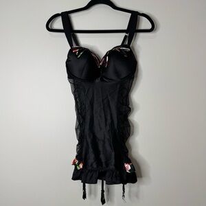 Victoria’s Secret Black & Floral Bow Lace Bustier Push‎ Up Teddy Slip 36C